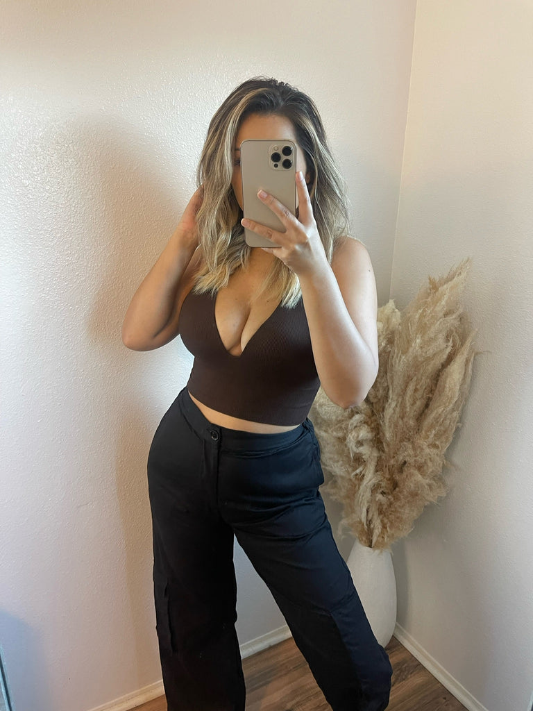 Lydia Ribbed Cropped Bra Top (Brown)